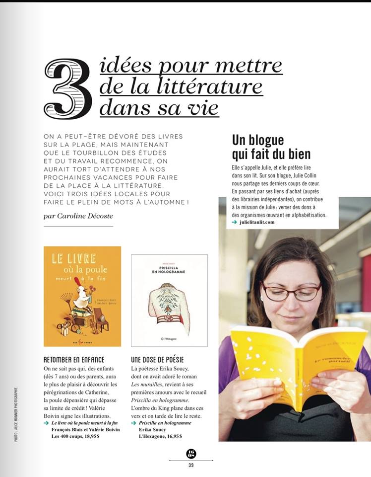 Julie lit au lit dans le Magazine 1608.